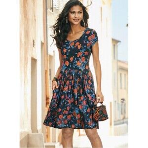 Peruvian Connection S Le Midi Dress Floral Short Sleeve A-Line Fit & Flare Scoop